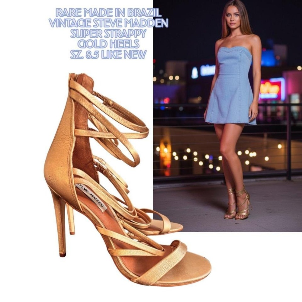 ✨ RARE y2k vtg. Steve Madden‎ Gold Strappy Heels 8.5- Made in Brazil